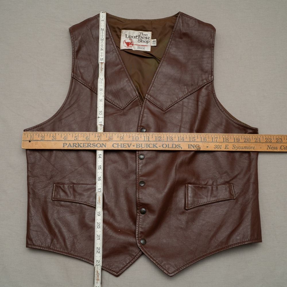 Vintage 70s 80s Sears Leather Shop Dark Brown Leather Vest 44 Reg Cowboy Western - Picture 4 of 9